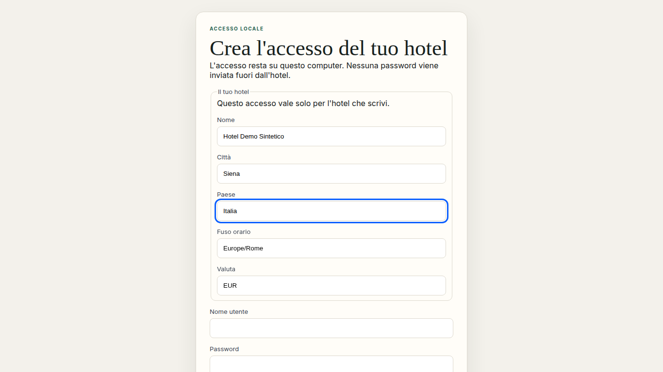 Schermata di accesso locale HotelBridge con dati sintetici di dimostrazione