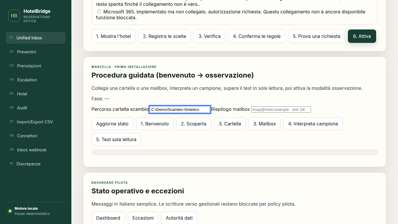 Wizard di configurazione con dati sintetici